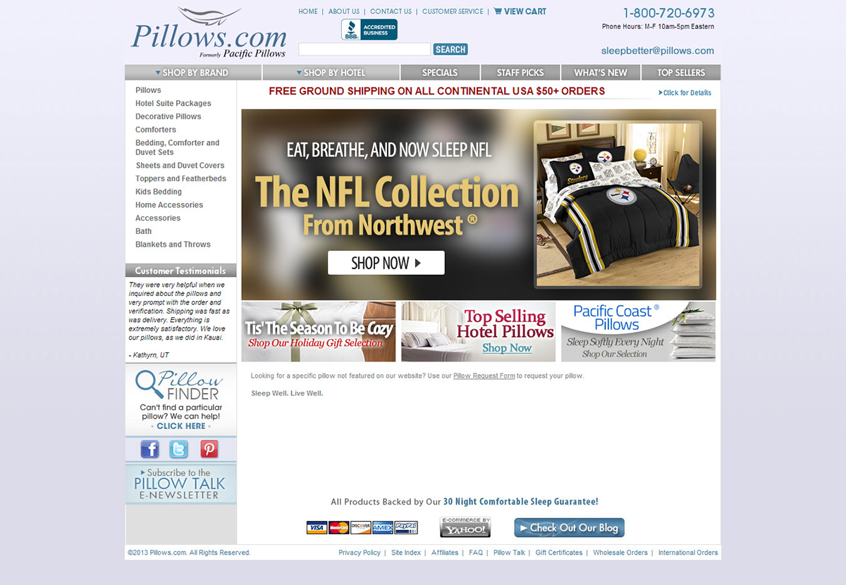 Pillows.com homepage after redesign