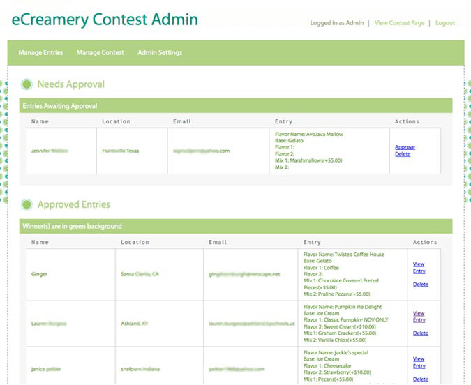 eCreamery.com social commerce contest admin